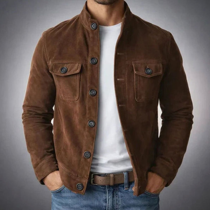 Men's Italian Suede Stand-Collar Button-Up Jacket - Dark Brown