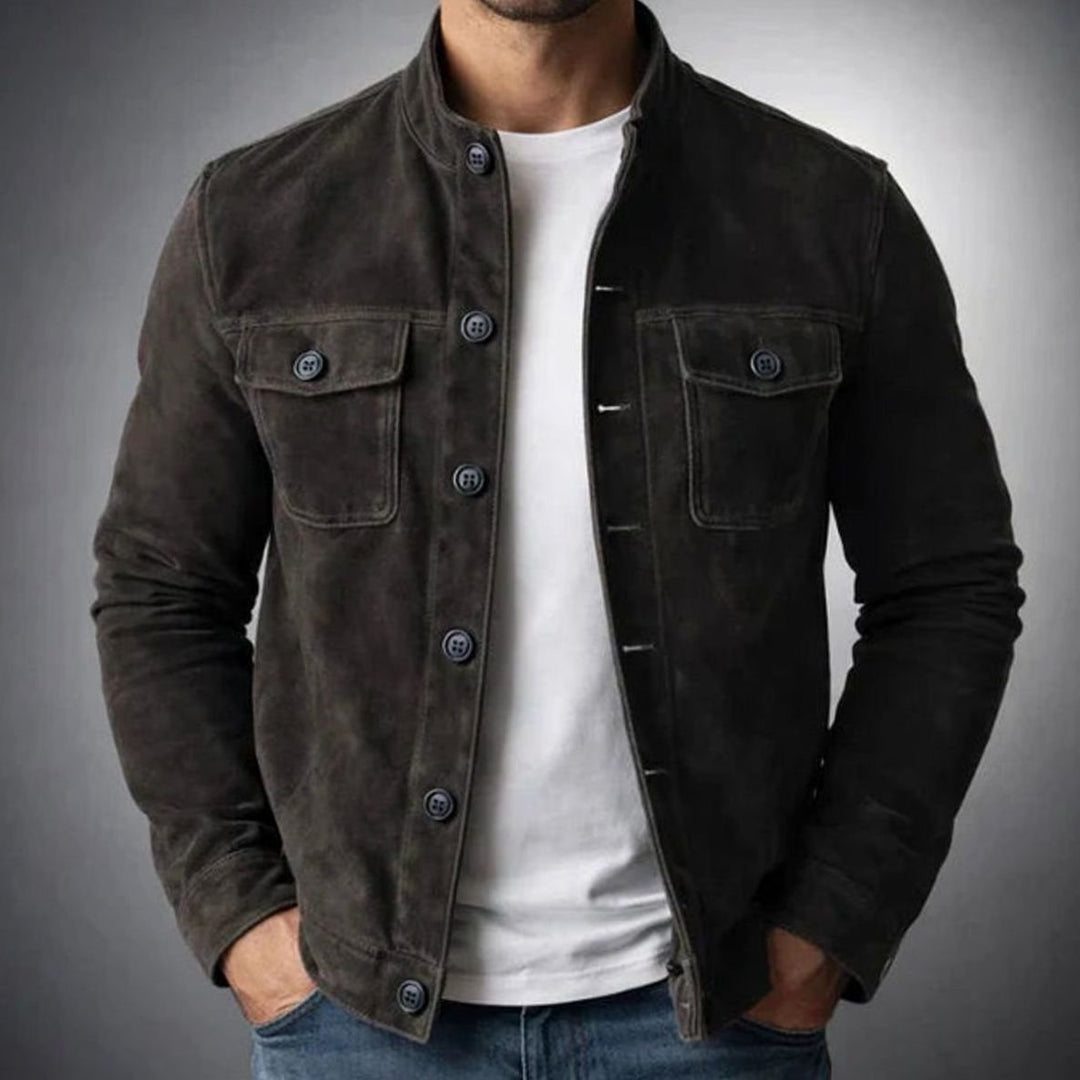 Men's Italian Suede Stand-Collar Button-Up Jacket - Black