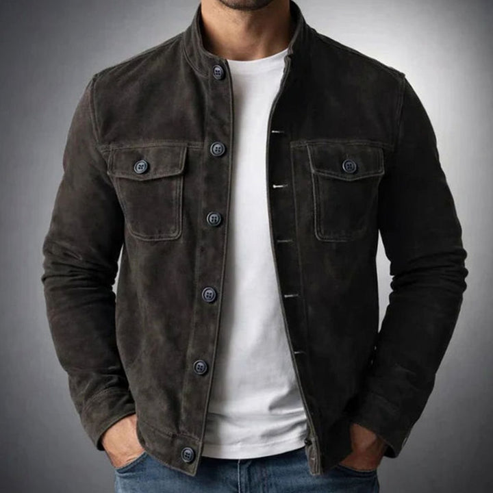 Men's Italian Suede Stand-Collar Button-Up Jacket - Black