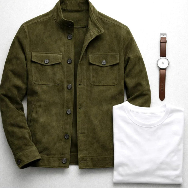 Men's Italian Suede Stand-Collar Button-Up Jacket