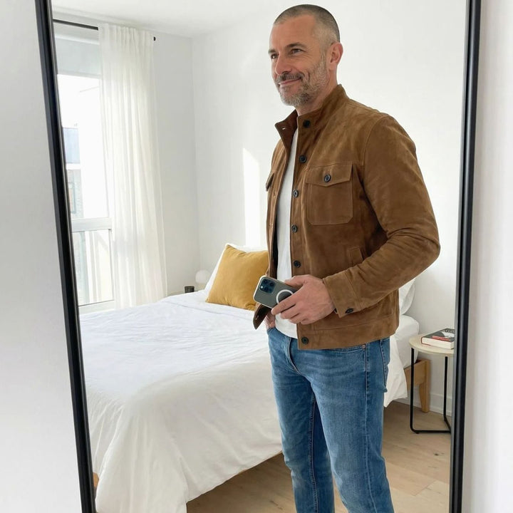 Men's Italian Suede Stand-Collar Button-Up Jacket