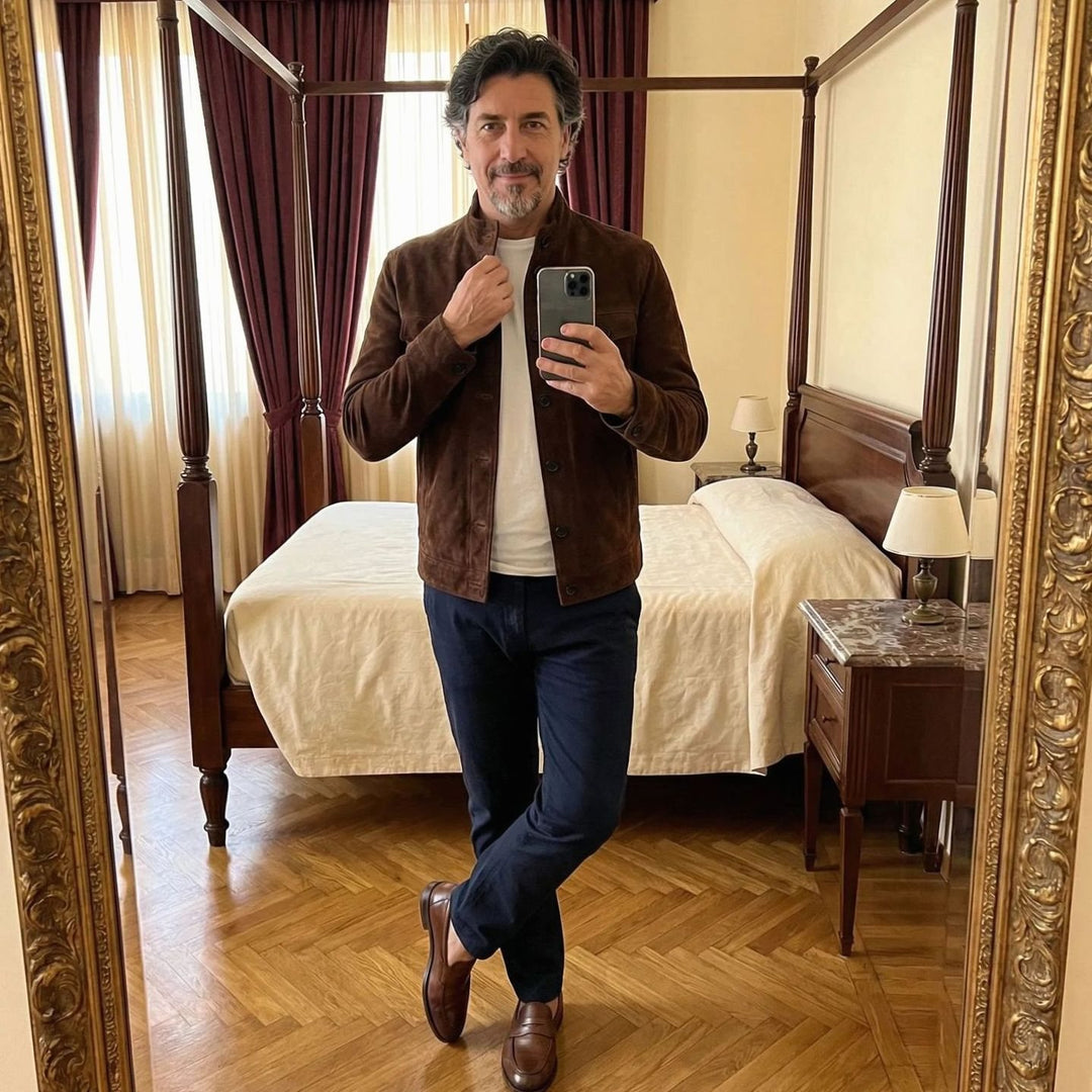 Men's Italian Suede Stand-Collar Button-Up Jacket