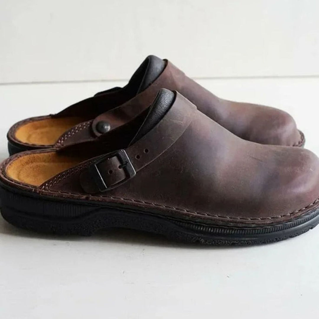 Men's Leather Buckle-Strap Slip-On Clog Mules - Brown