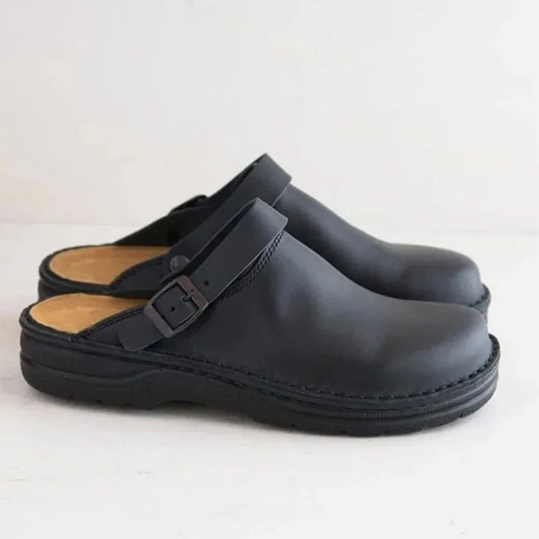 Men's Leather Buckle-Strap Slip-On Clog Mules - Black