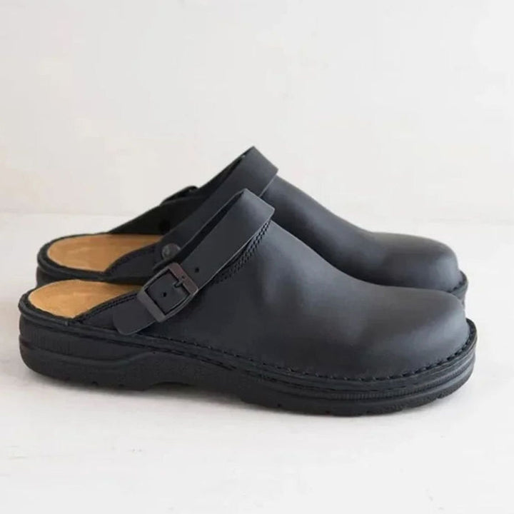 Men's Leather Buckle-Strap Slip-On Clog Mules - Black