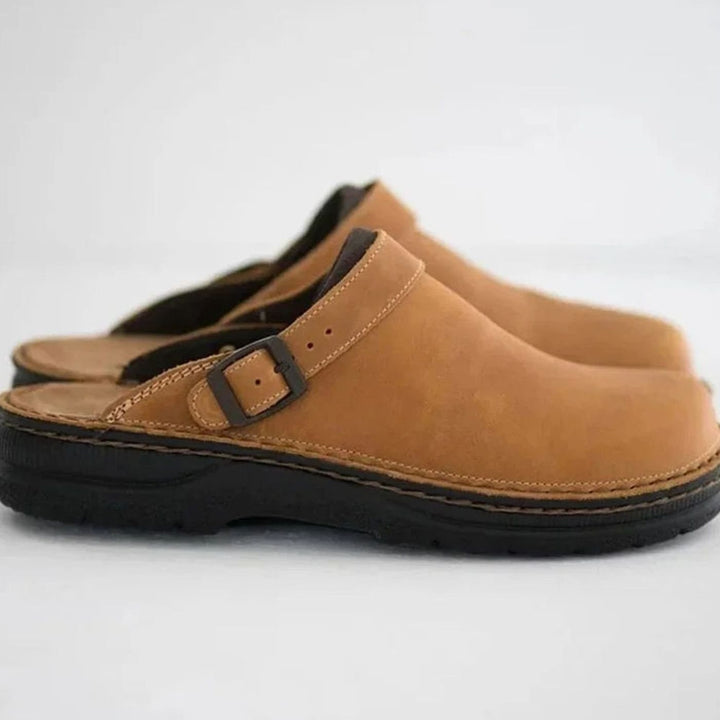 Men's Leather Buckle-Strap Slip-On Clog Mules - Khaki