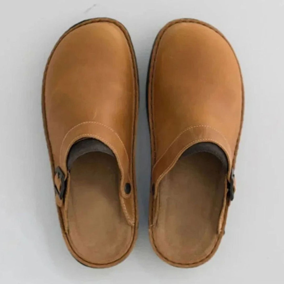 Men's Leather Buckle-Strap Slip-On Clog Mules