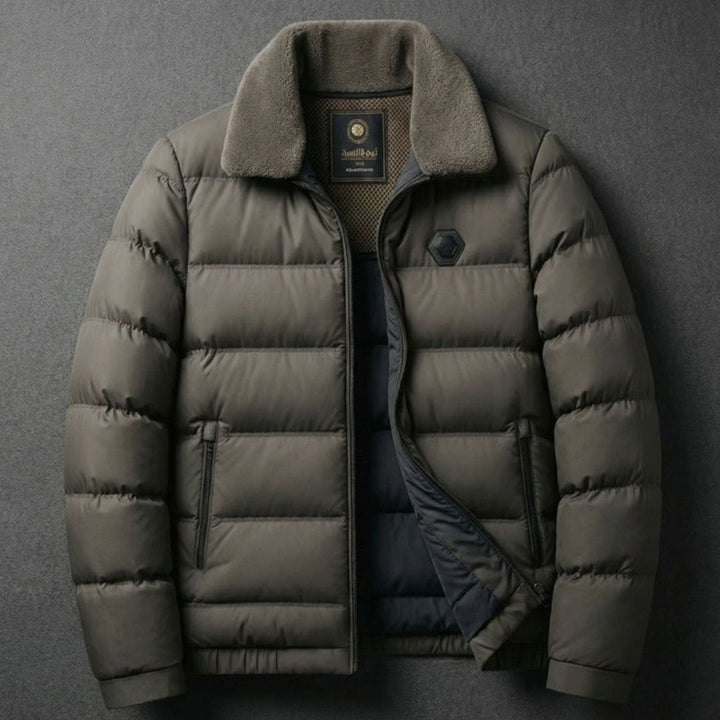 Men's Lightweight Down Jacket Fleece Collar Puffer Coat - Olive Green