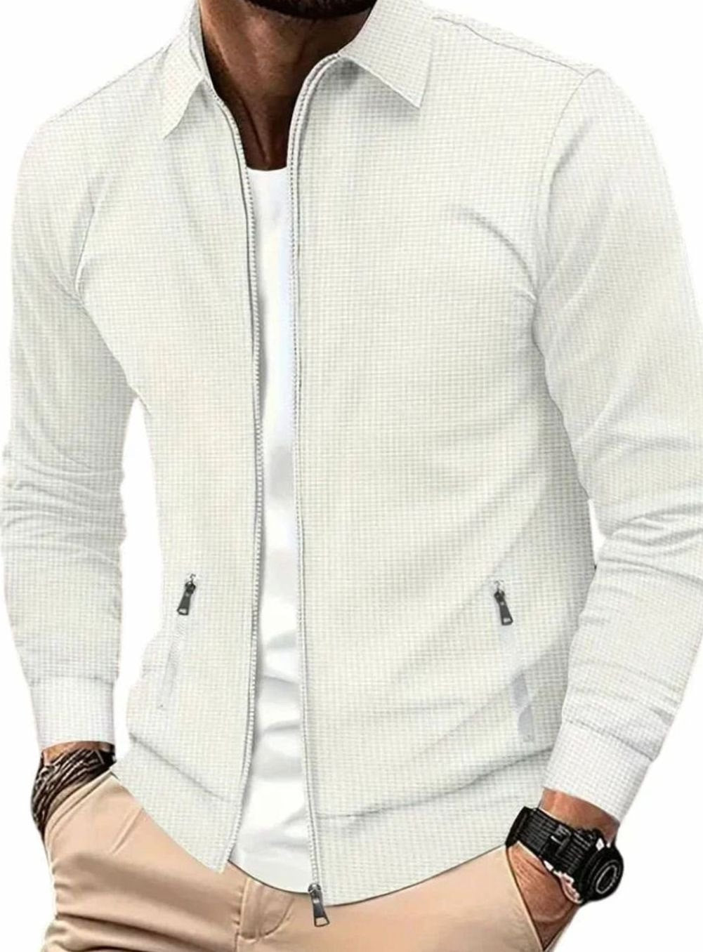 Men's Lightweight Waffle-Knit Full-Zip Jacket Side Pockets - White