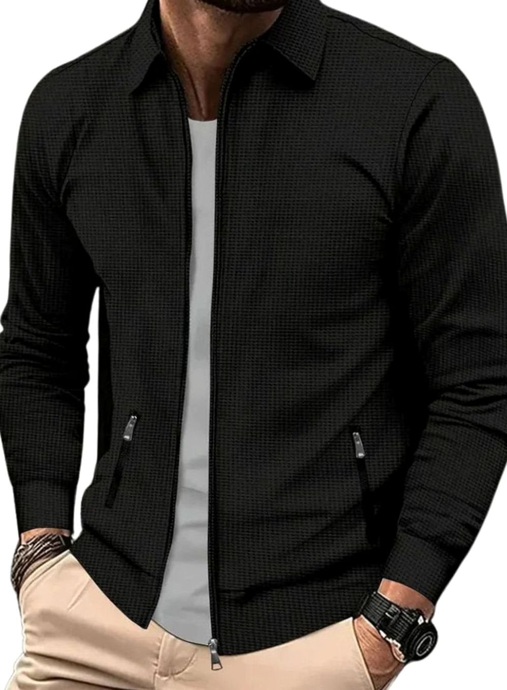 Men's Lightweight Waffle-Knit Full-Zip Jacket Side Pockets - Black