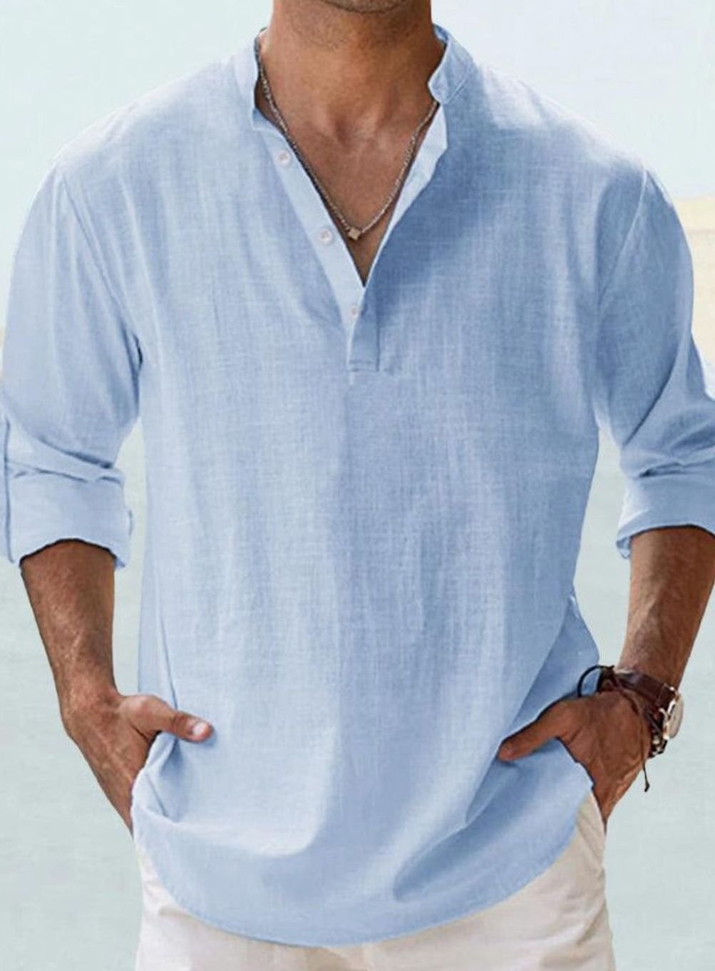 Men's Linen-Look Henley Button-Up Long-Sleeve Shirt - Blue
