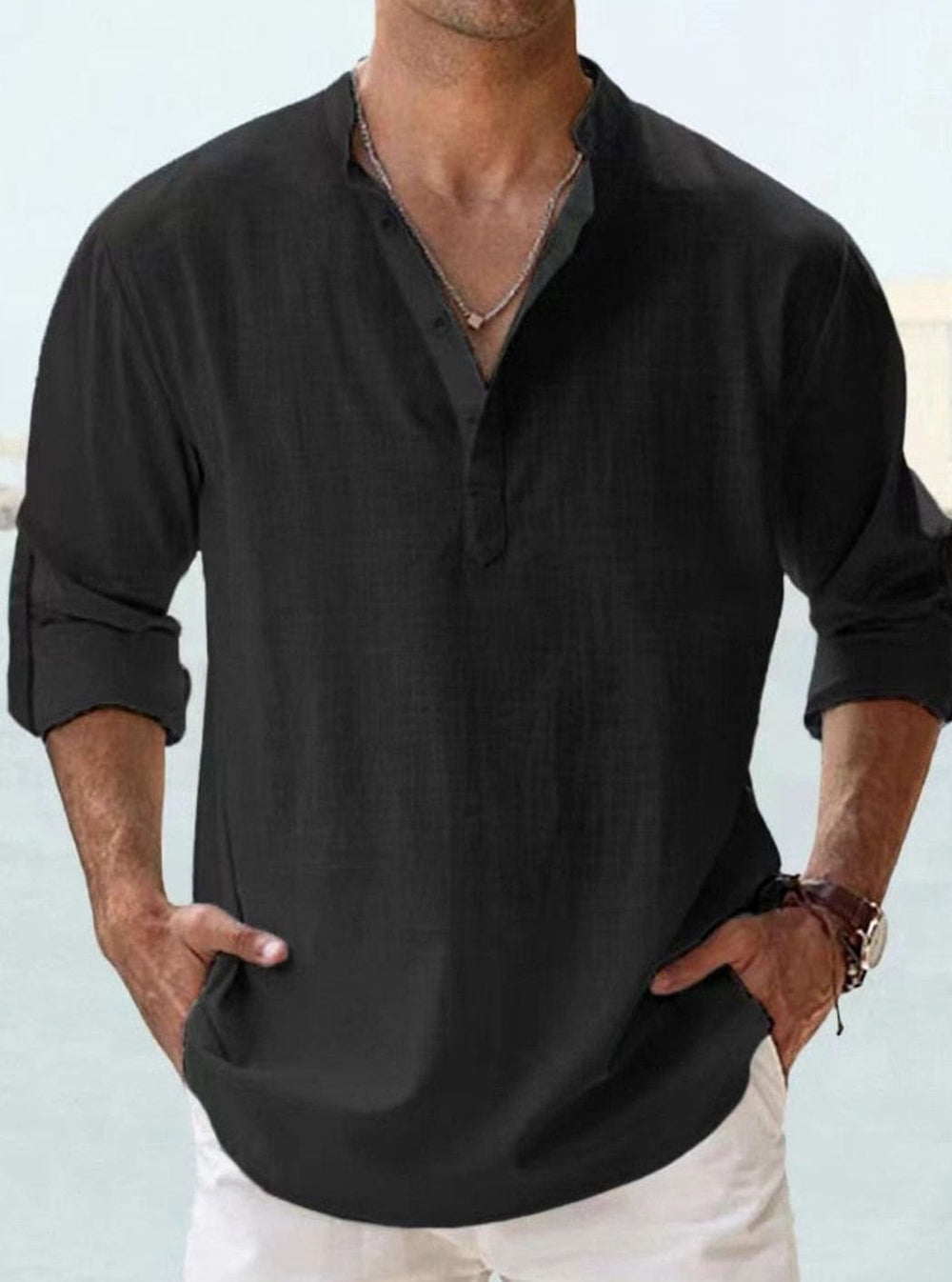 Men's Linen-Look Henley Button-Up Long-Sleeve Shirt - Black