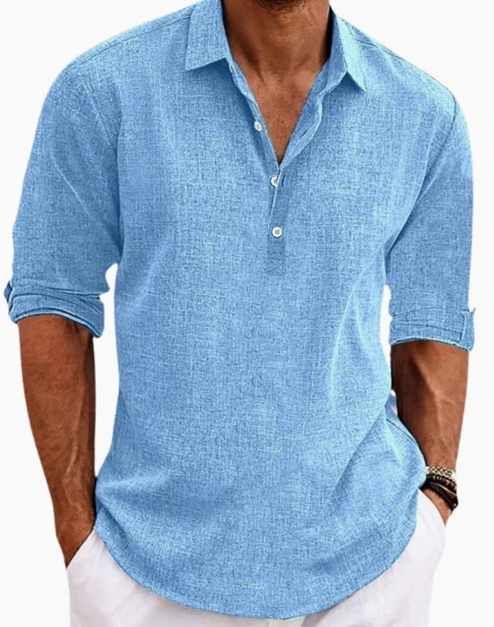 Men's Linen-Look Henley Collar Long-Sleeve Casual Shirt