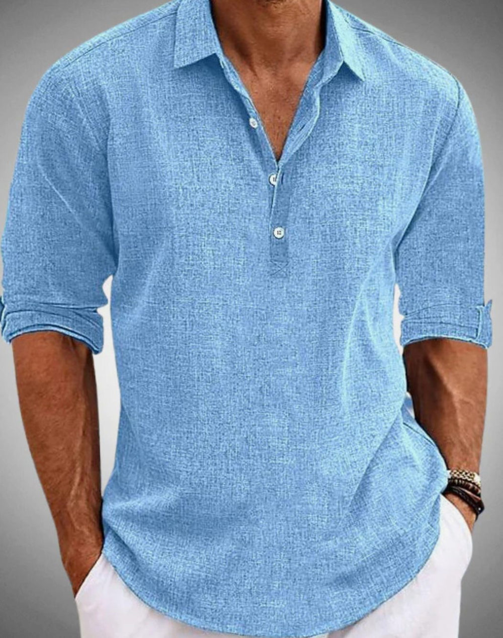 Men's Linen-Look Henley Collar Long-Sleeve Casual Shirt - Blue