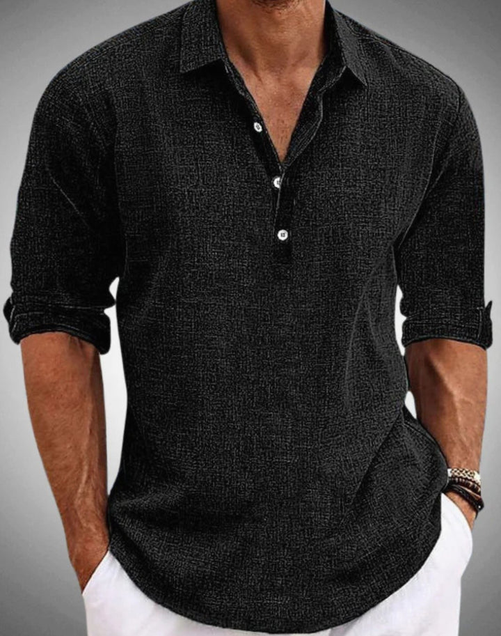 Men's Linen-Look Henley Collar Long-Sleeve Casual Shirt - Black