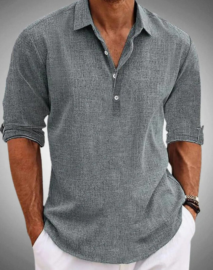 Men's Linen-Look Henley Collar Long-Sleeve Casual Shirt - Grey