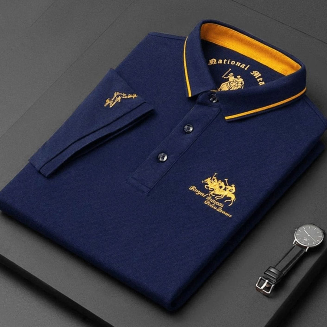 Men's Long-Sleeve Embroidered Cotton Polo Shirt - Blue