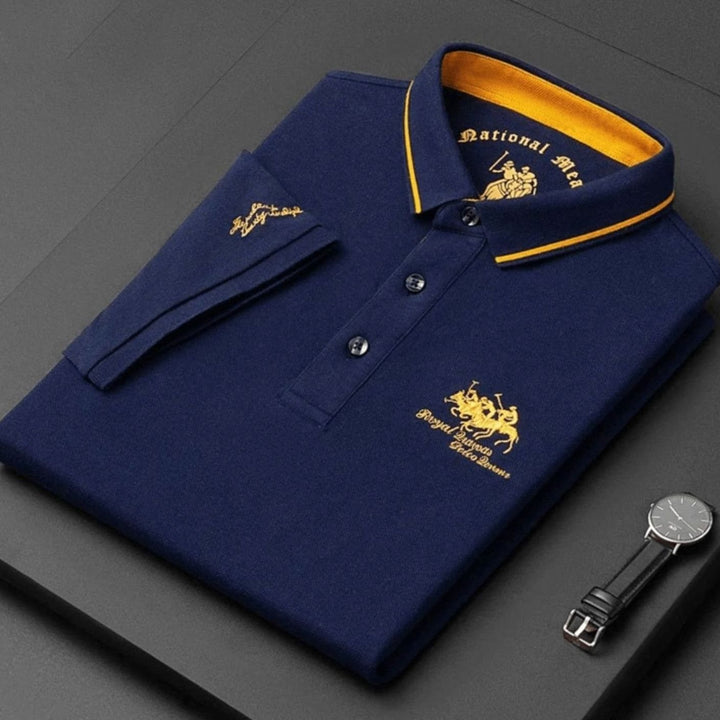 Men's Long-Sleeve Embroidered Cotton Polo Shirt - Blue