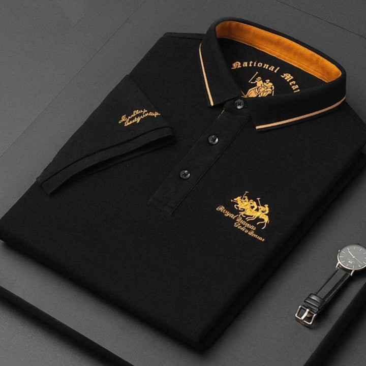 Men's Long-Sleeve Embroidered Cotton Polo Shirt - Black