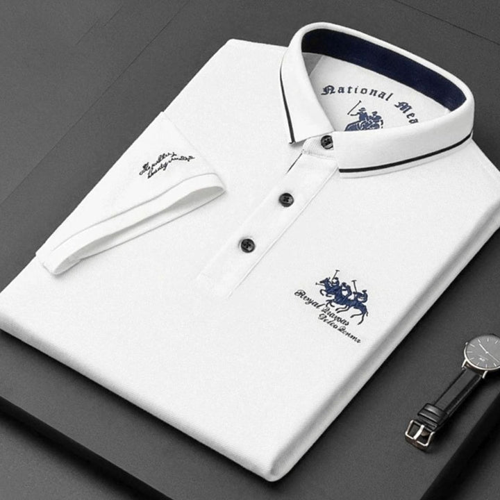 Men's Long-Sleeve Embroidered Cotton Polo Shirt - White