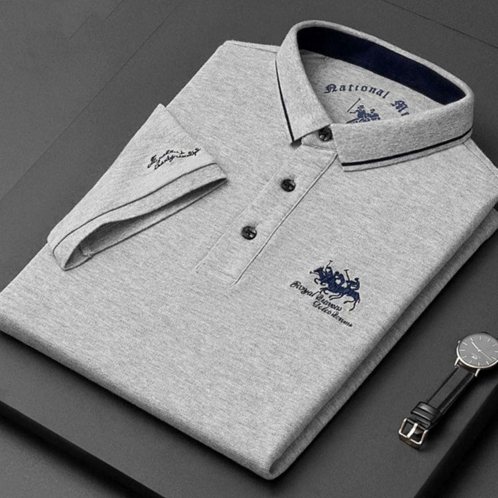 Men's Long-Sleeve Embroidered Cotton Polo Shirt - Grey