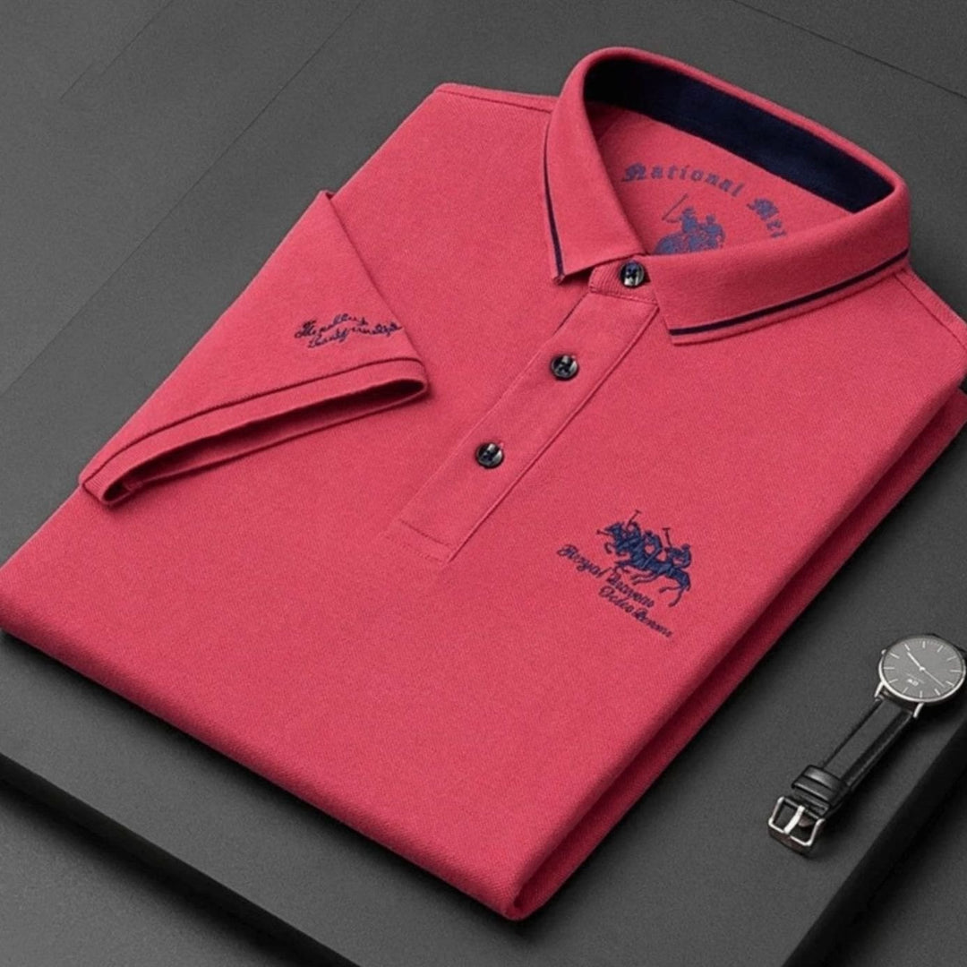 Men's Long-Sleeve Embroidered Cotton Polo Shirt - Red
