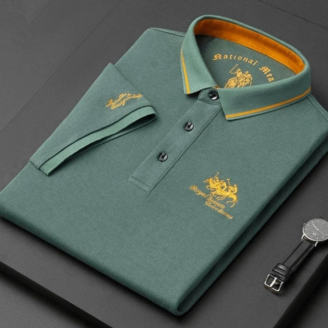 Men's Long-Sleeve Embroidered Cotton Polo Shirt - Green
