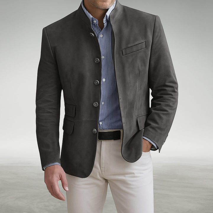 Men's Mandarin-Collar Structured Button-Front Blazer Jacket - Grey