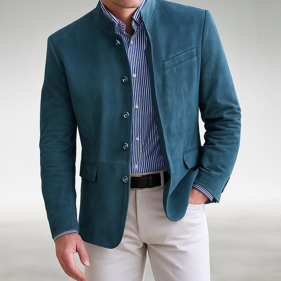 Men's Mandarin-Collar Structured Button-Front Blazer Jacket - Blue