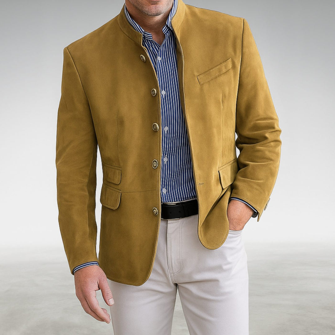 Men's Mandarin-Collar Structured Button-Front Blazer Jacket - Yellow