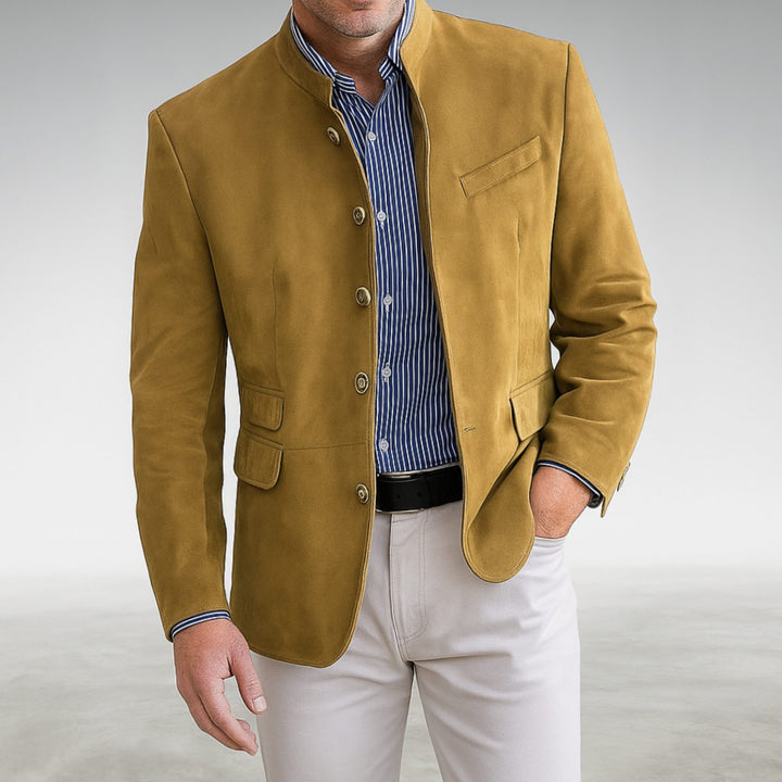 Men's Mandarin-Collar Structured Button-Front Blazer Jacket - Yellow