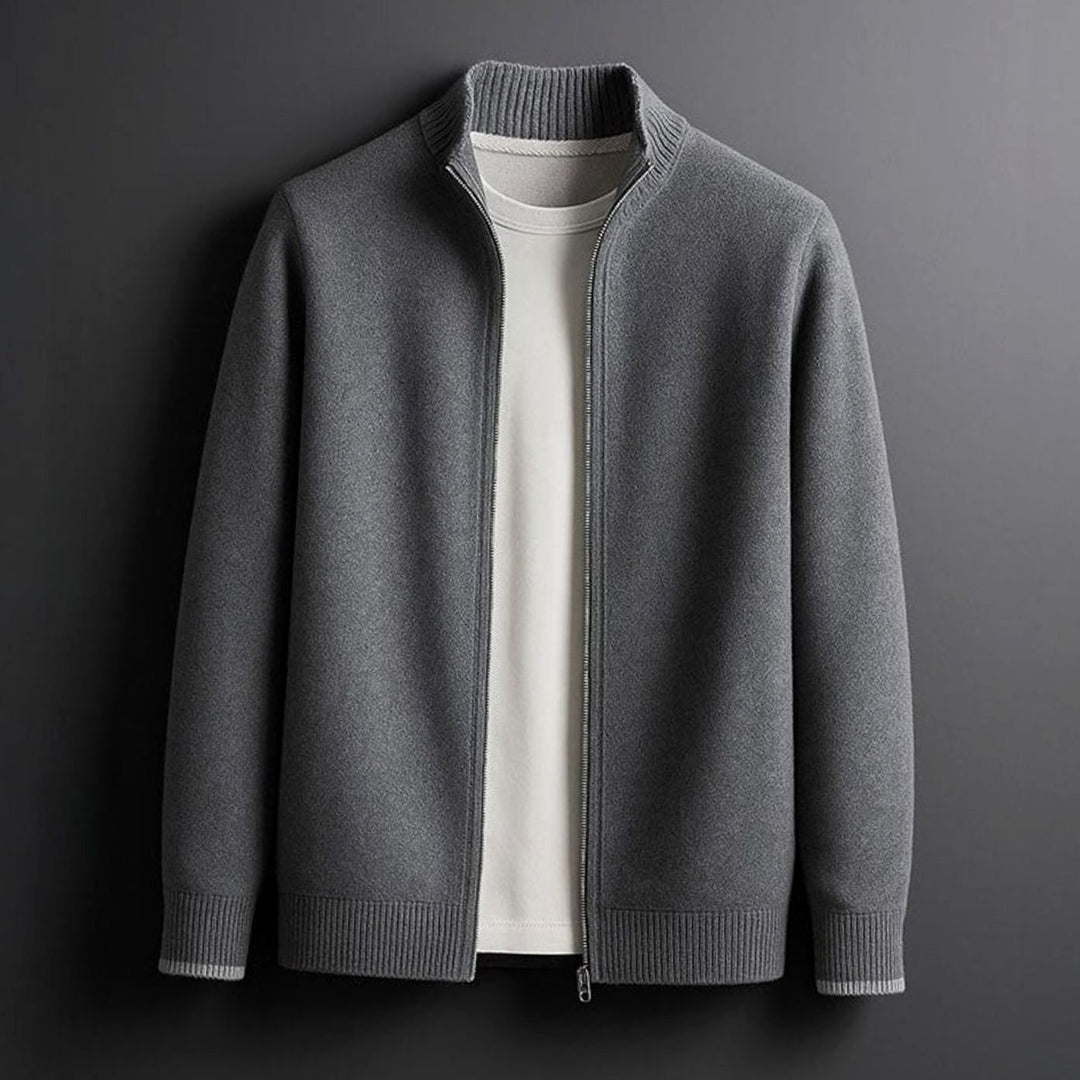 Men's Merino Wool Full-Zip Stand-Collar Cardigan Jacket - Grey