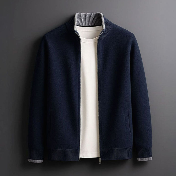 Men's Merino Wool Full-Zip Stand-Collar Cardigan Jacket - Blue
