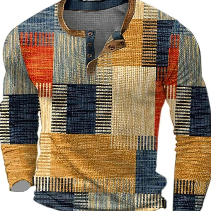 Men's Patchwork Henley Long Sleeve Shirt - Brown
