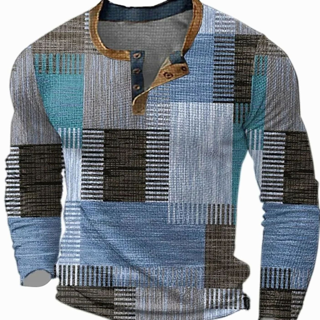 Men's Patchwork Henley Long Sleeve Shirt - Blue