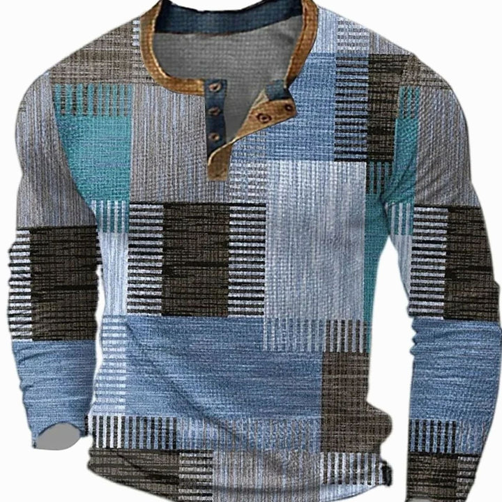 Men's Patchwork Henley Long Sleeve Shirt - Blue