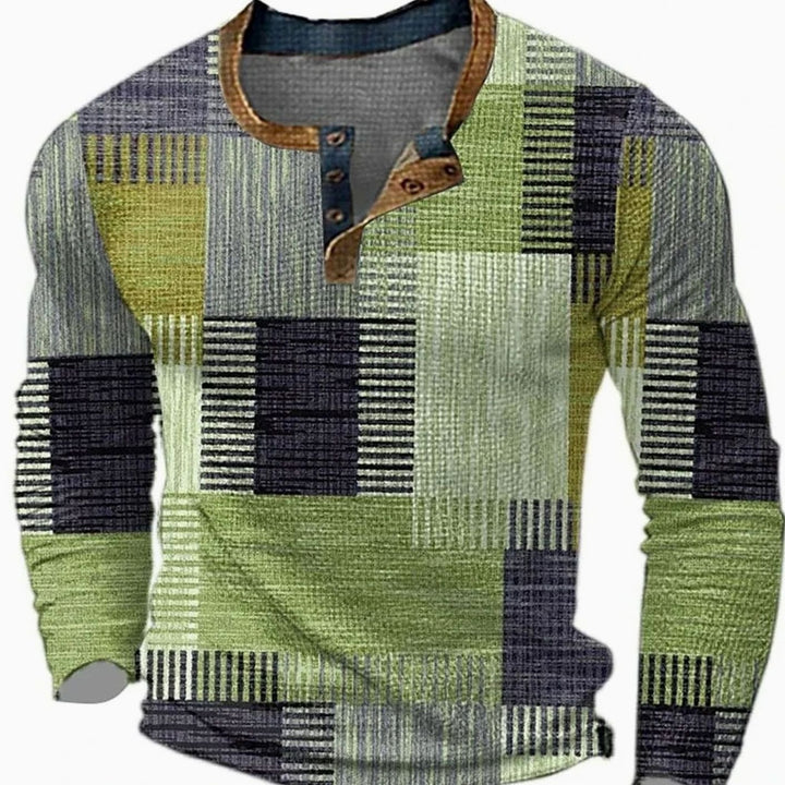 Men's Patchwork Henley Long Sleeve Shirt - Green