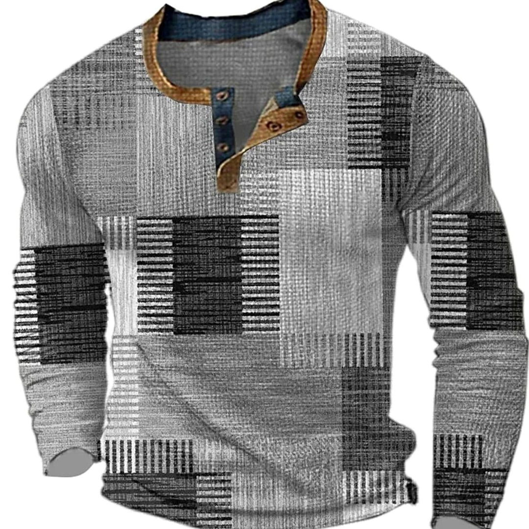 Men's Patchwork Henley Long Sleeve Shirt - Grey