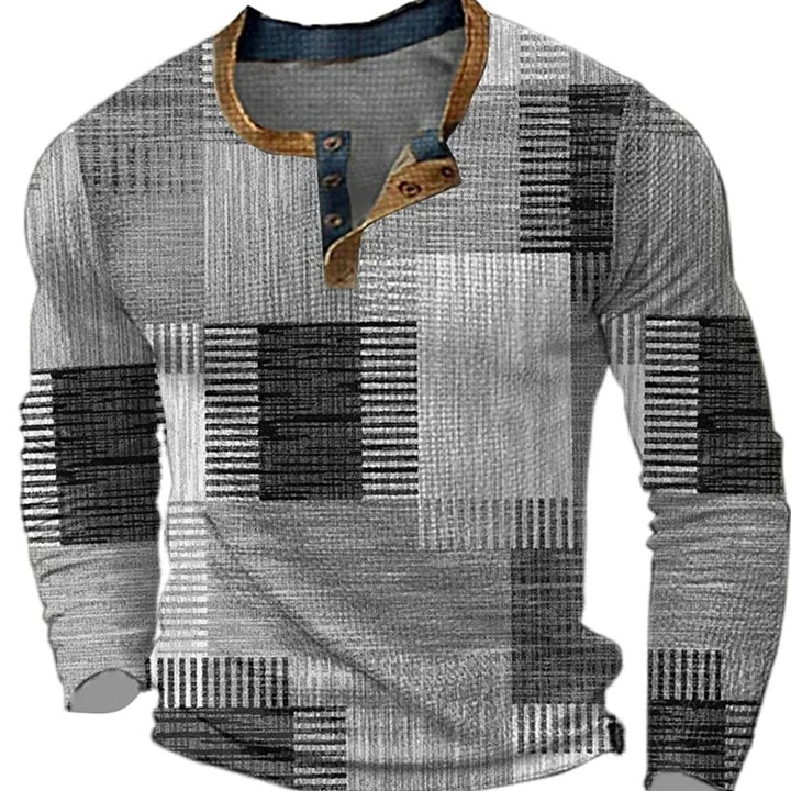 Men's Patchwork Henley Long Sleeve Shirt - Grey