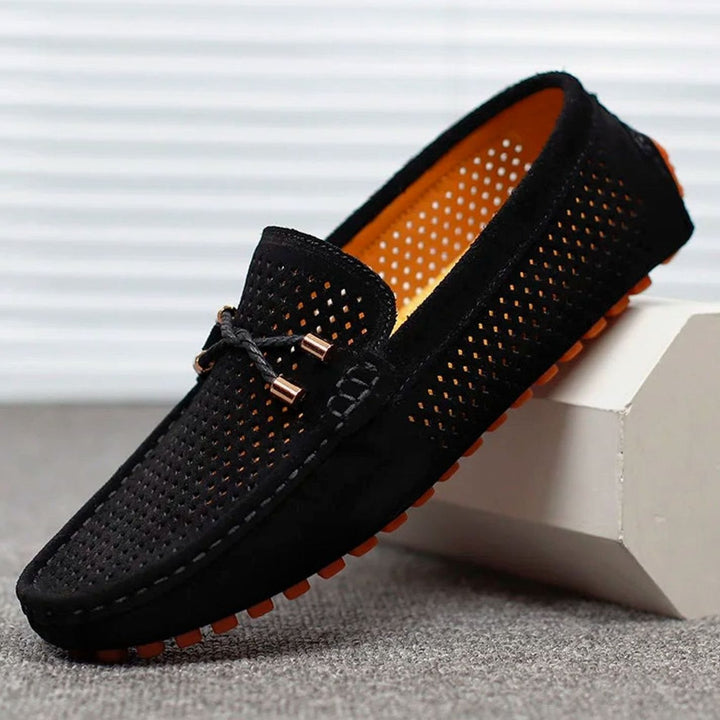 Men's Perforated Suede Slip-On Driving Loafers - Black