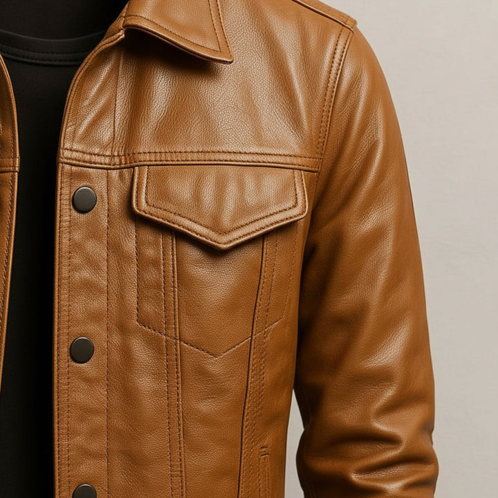 Men's Premium Leather Snap-Button Trucker Jacket