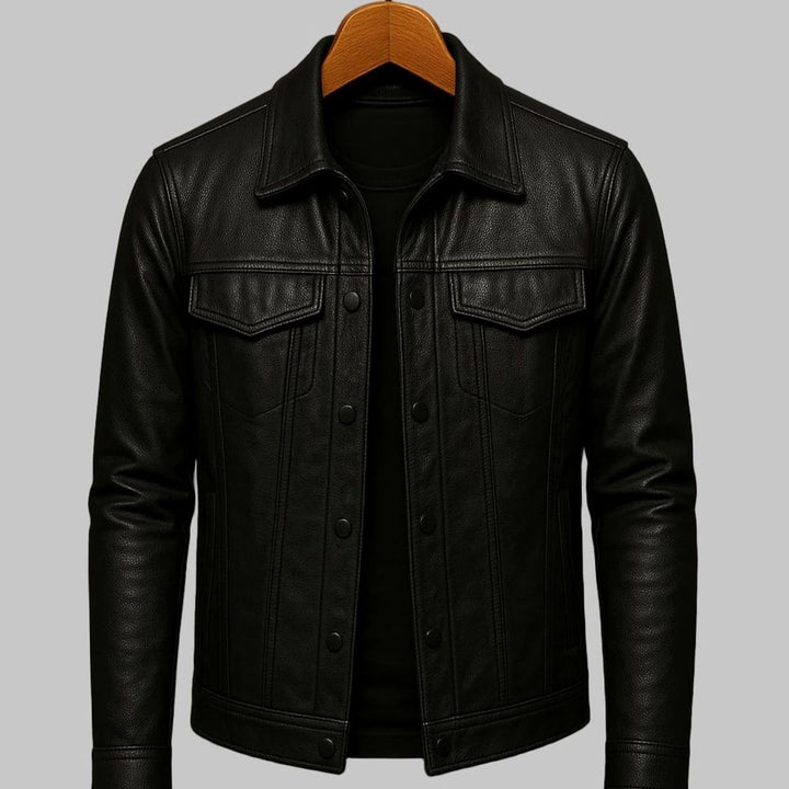 Men's Premium Leather Snap-Button Trucker Jacket - Black