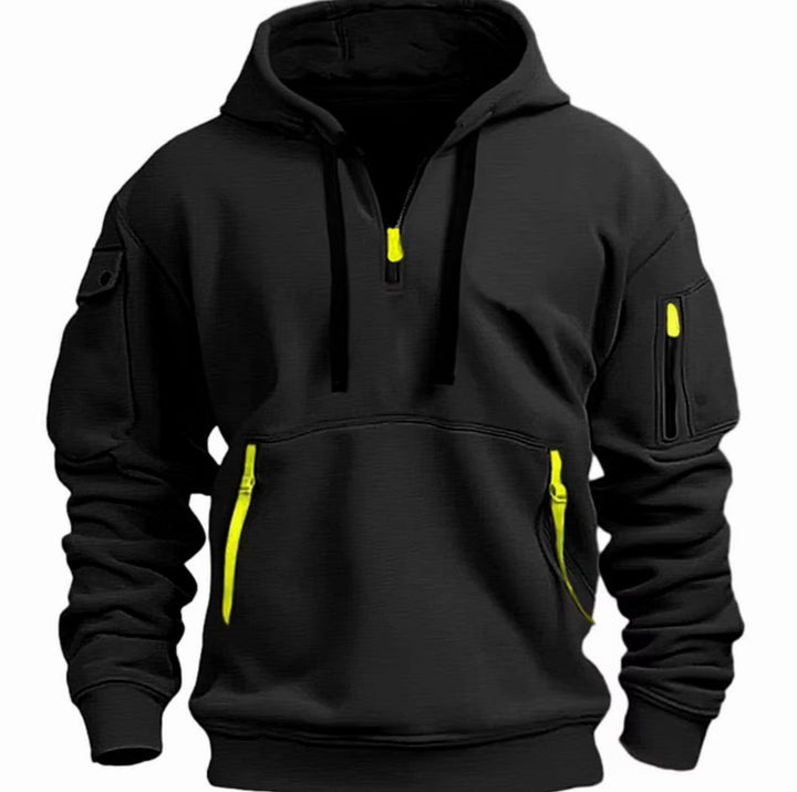 Men's Quarter-Zip Hooded Sweatshirt Multi-Pocket Tactical - Black