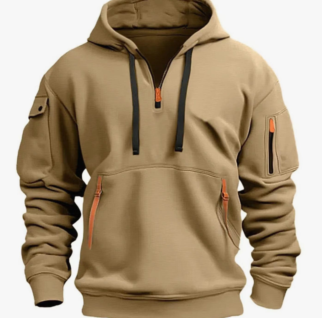 Men's Quarter-Zip Hooded Sweatshirt Multi-Pocket Tactical - Khaki