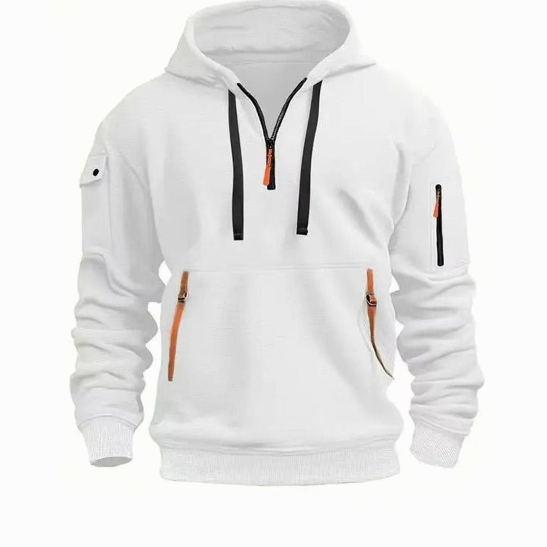 Men's Quarter-Zip Hooded Sweatshirt Multi-Pocket Tactical - White