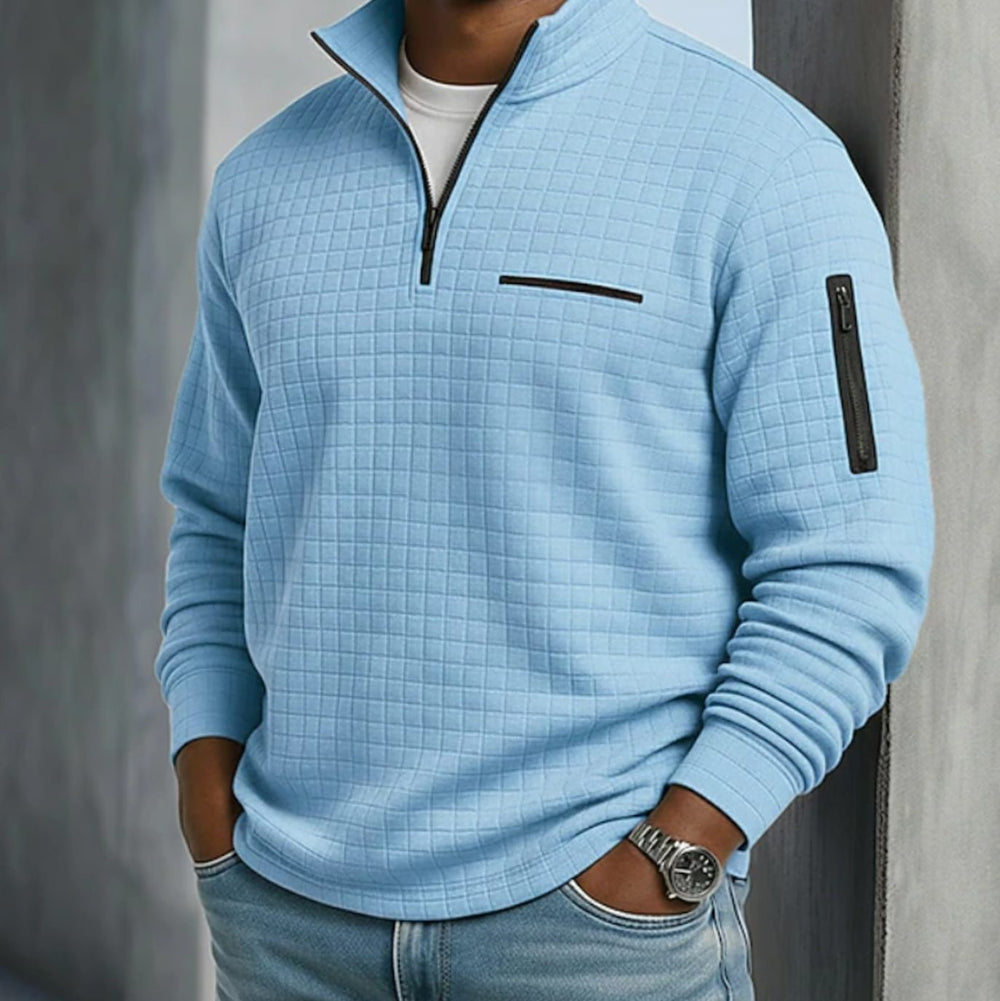 Men's Quarter-Zip Quilted Waffle Pullover Sweatshirt - Blue