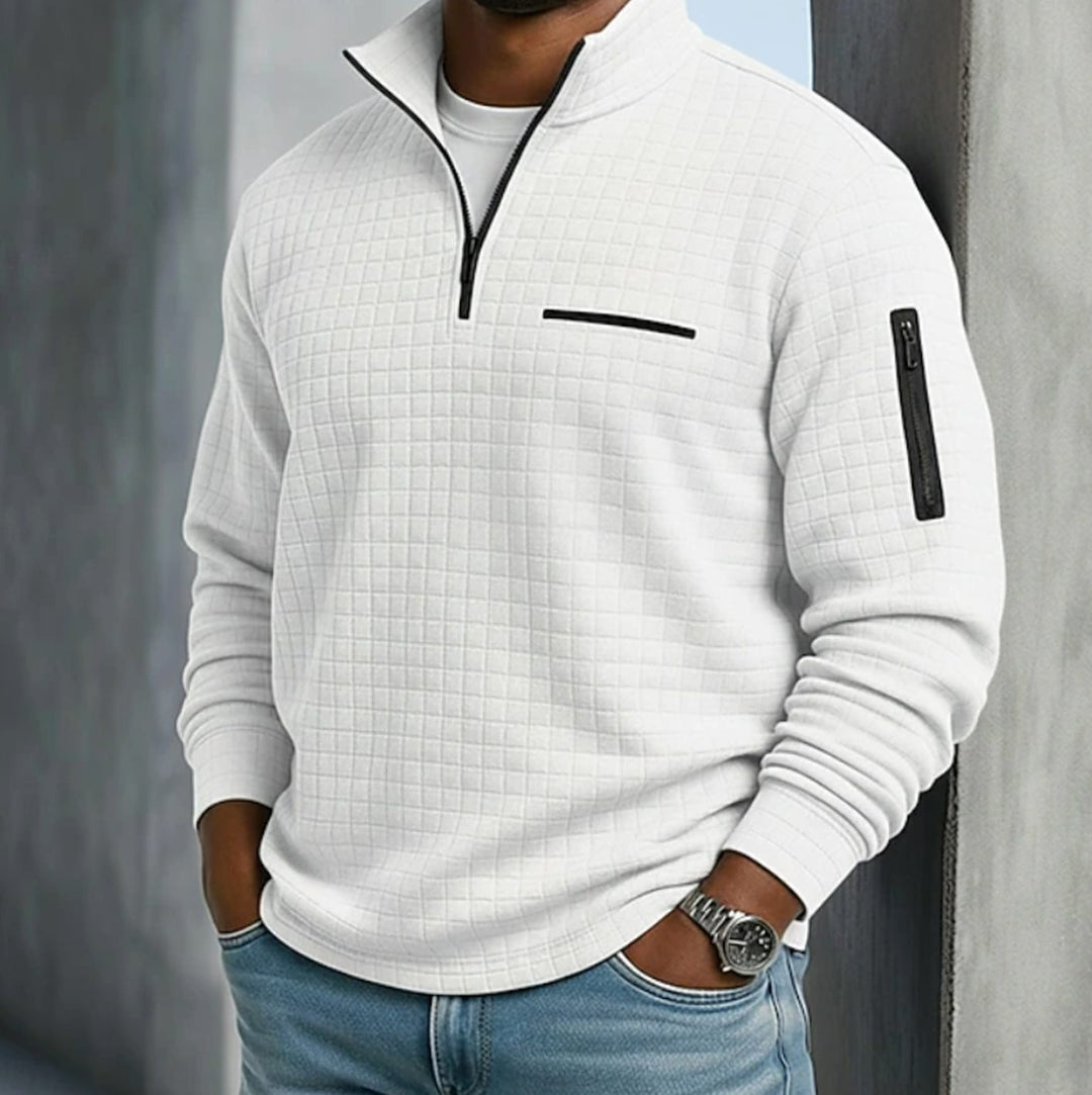 Men's Quarter-Zip Quilted Waffle Pullover Sweatshirt - White
