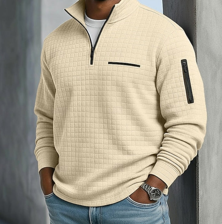 Men's Quarter-Zip Quilted Waffle Pullover Sweatshirt - Beige