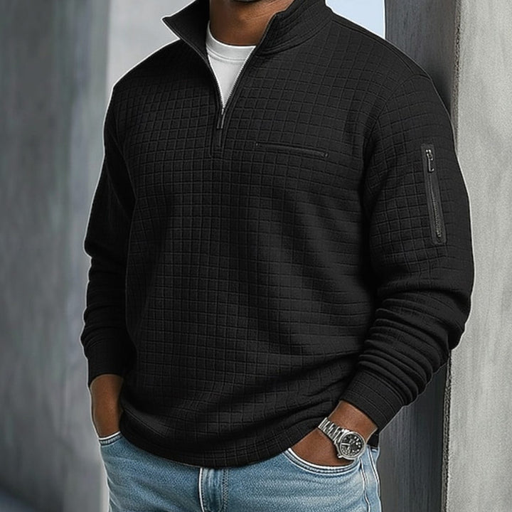 Men's Quarter-Zip Quilted Waffle Pullover Sweatshirt - Black