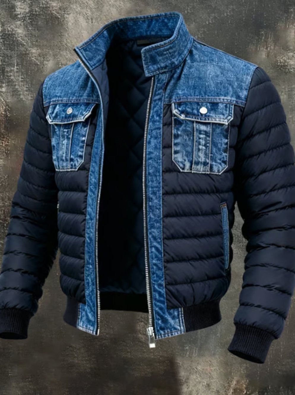 Men's Quilted Denim Hybrid Puffer Winter Jacket - Blue